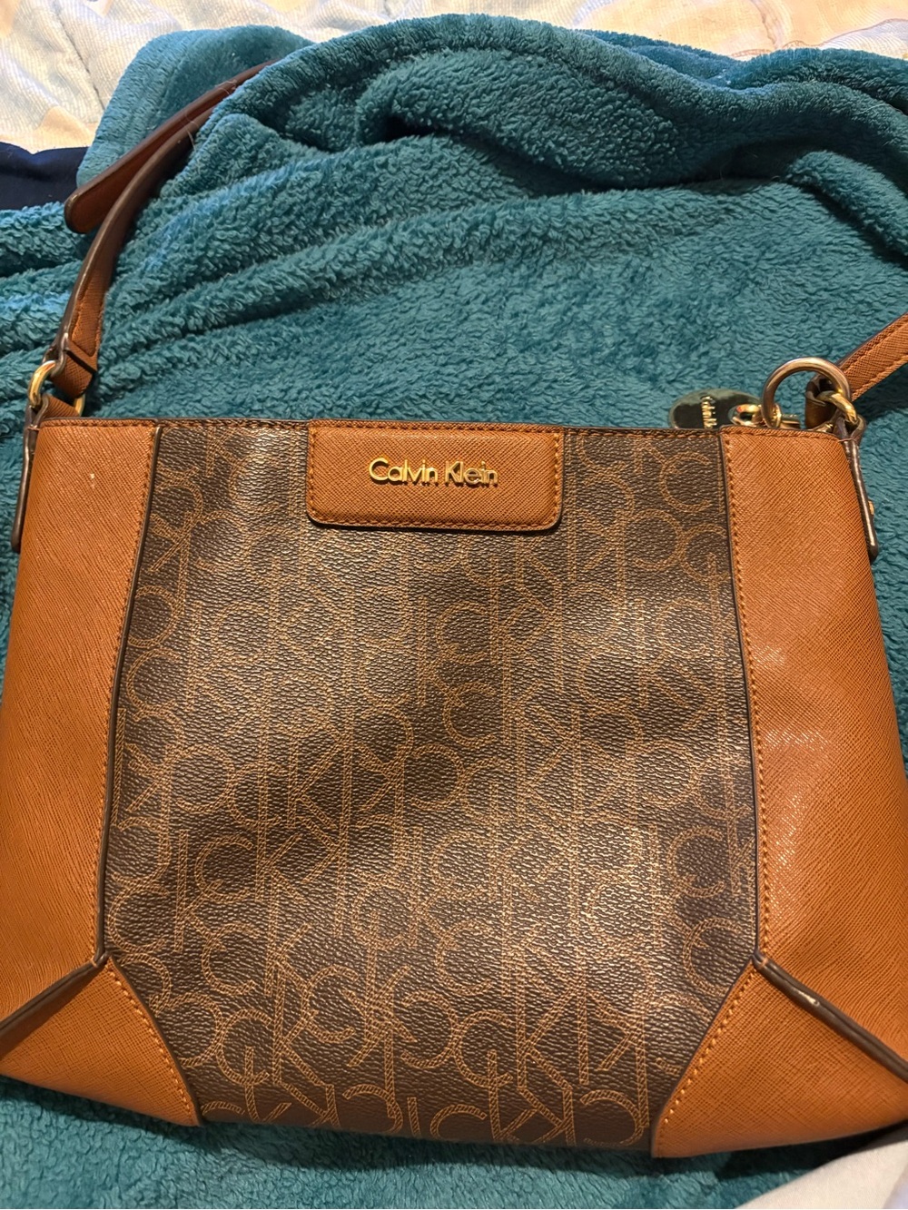 Calvin Klein Brown Logo Monogram Shoulder Bag with Tan Trim